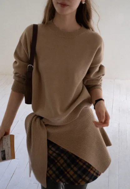 Women Faux Layered Sweater with Scarf Collar