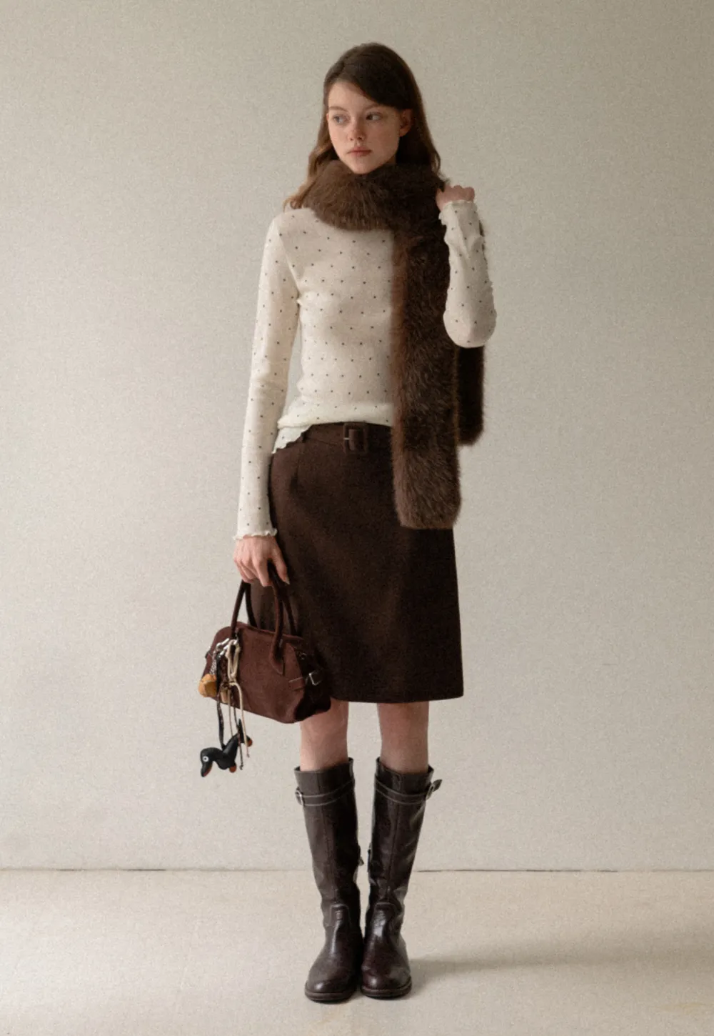 Wool Belted A-Line Mini Skirt in Charcoal