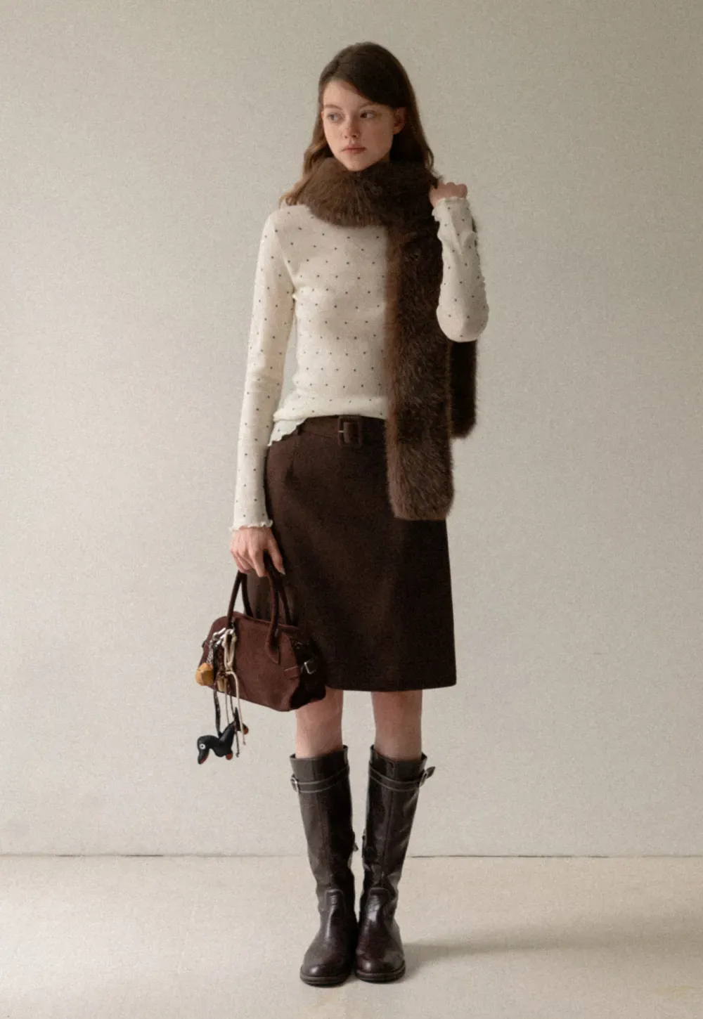 Wool Belted A-Line Mini Skirt in Charcoal