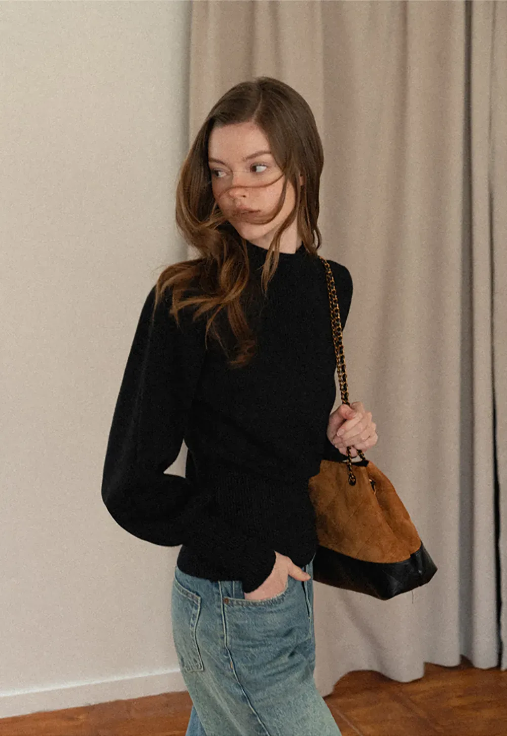 Ribbed High-Neck Sweater with Balloon Sleeves