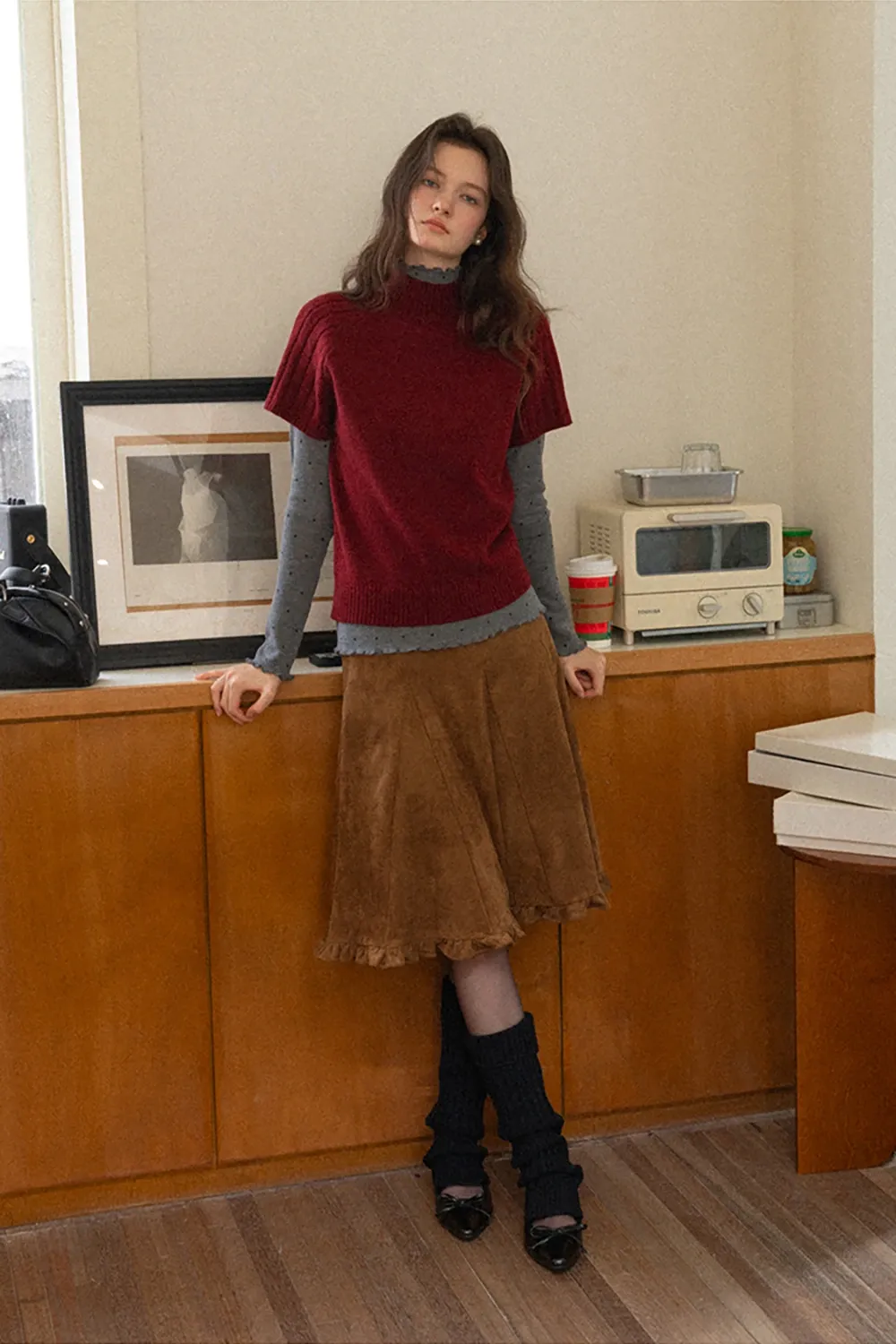 Polka Dot High Neck Ruffle Knit Top