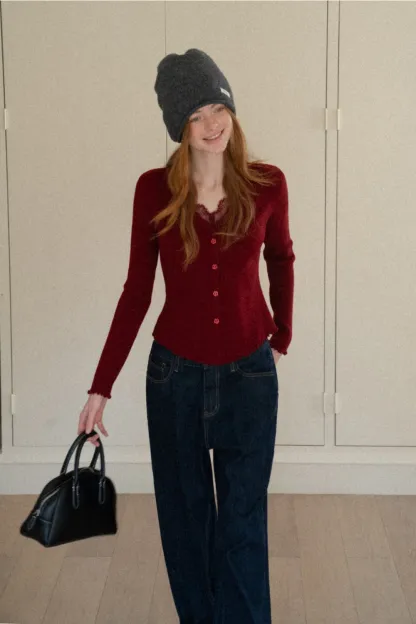 Lace Trim Ribbed Knit Top