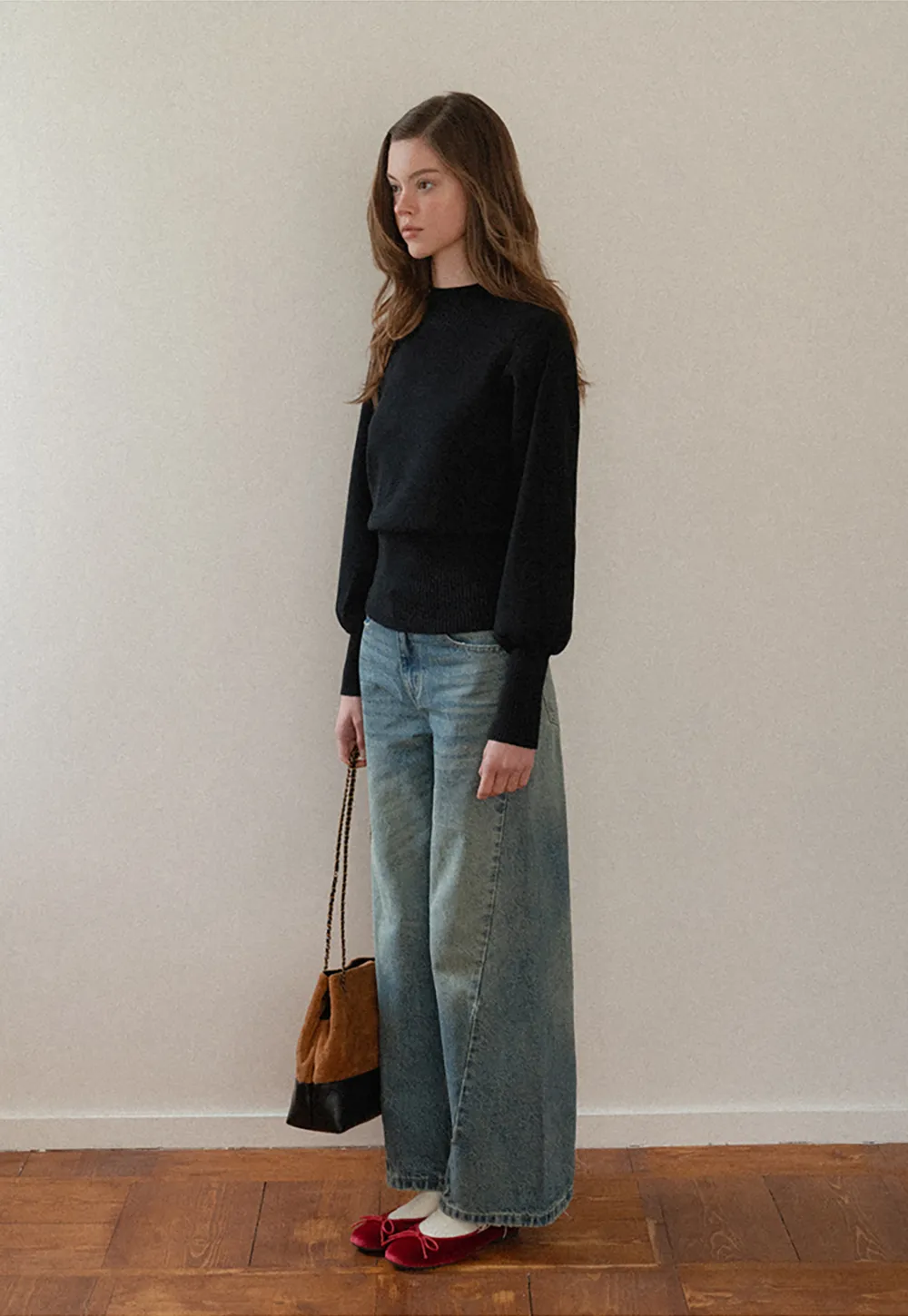 Ribbed High-Neck Sweater with Balloon Sleeves