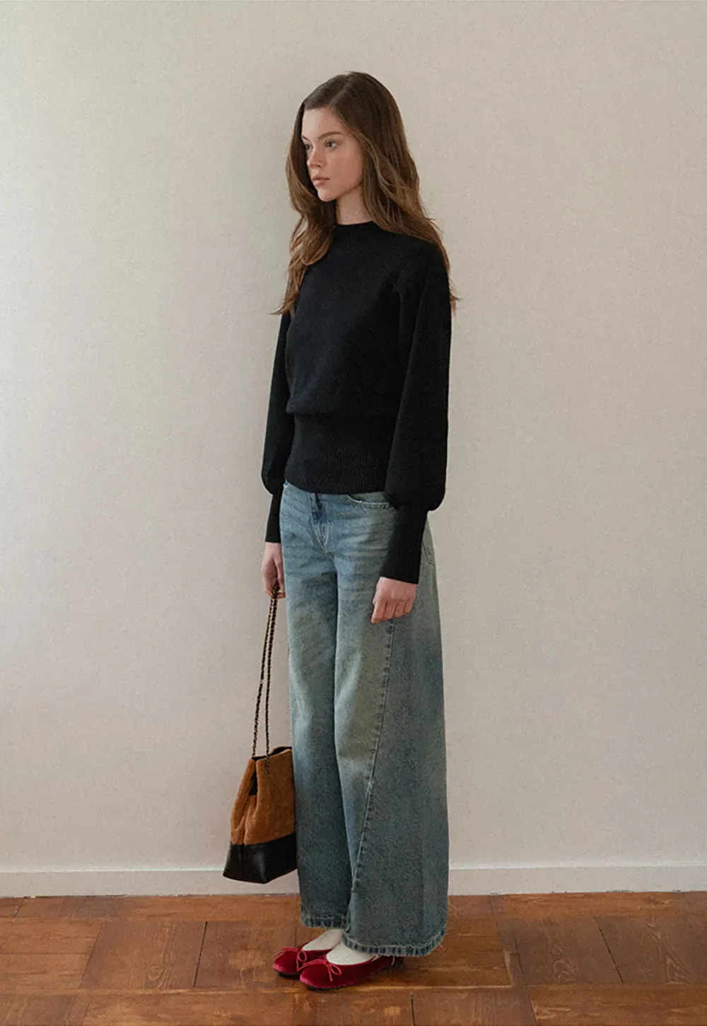 Ribbed High-Neck Sweater with Balloon Sleeves