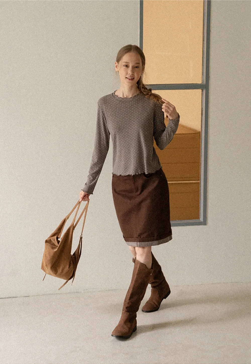 Rolled Hem Denim A-Line Skirt