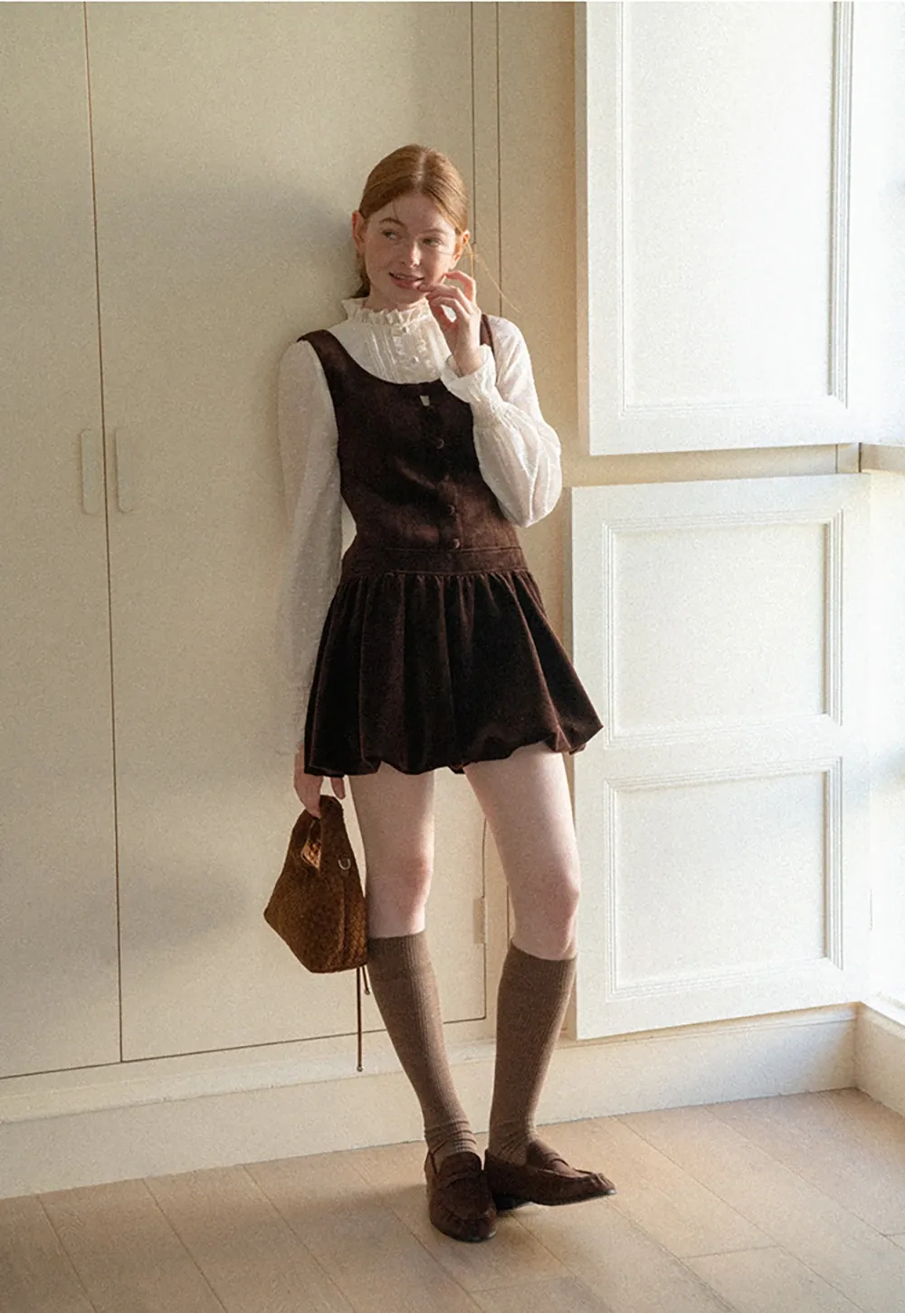 Ruffled Collar Smocked Waist Blouse