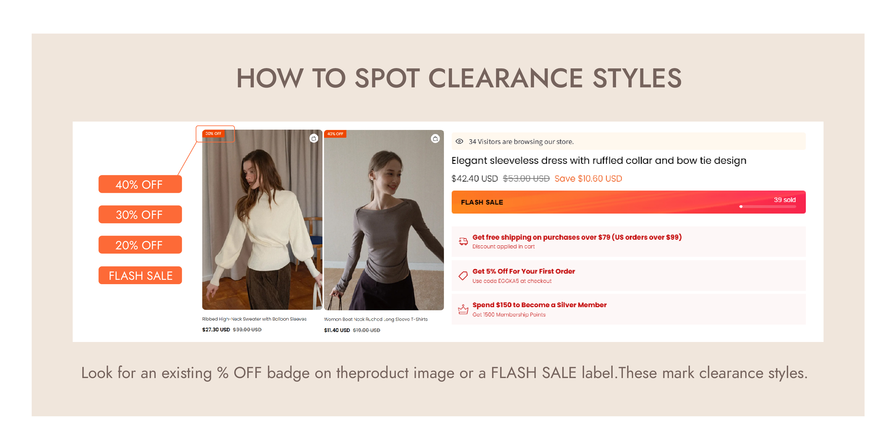 How to spot clearance styles — look for the % OFF badge or FLASH SALE label.