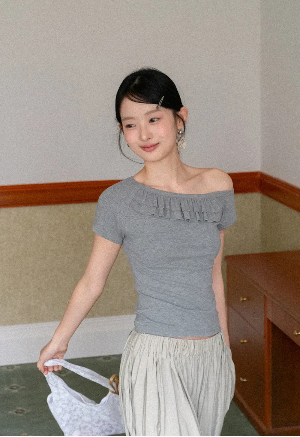 Off shoulder short sleeve top with ruffle detail