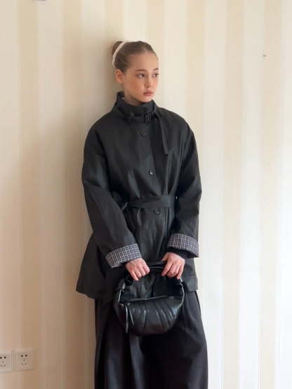 Stand Collar Mid-Length Coat with Plaid Splice and Belt