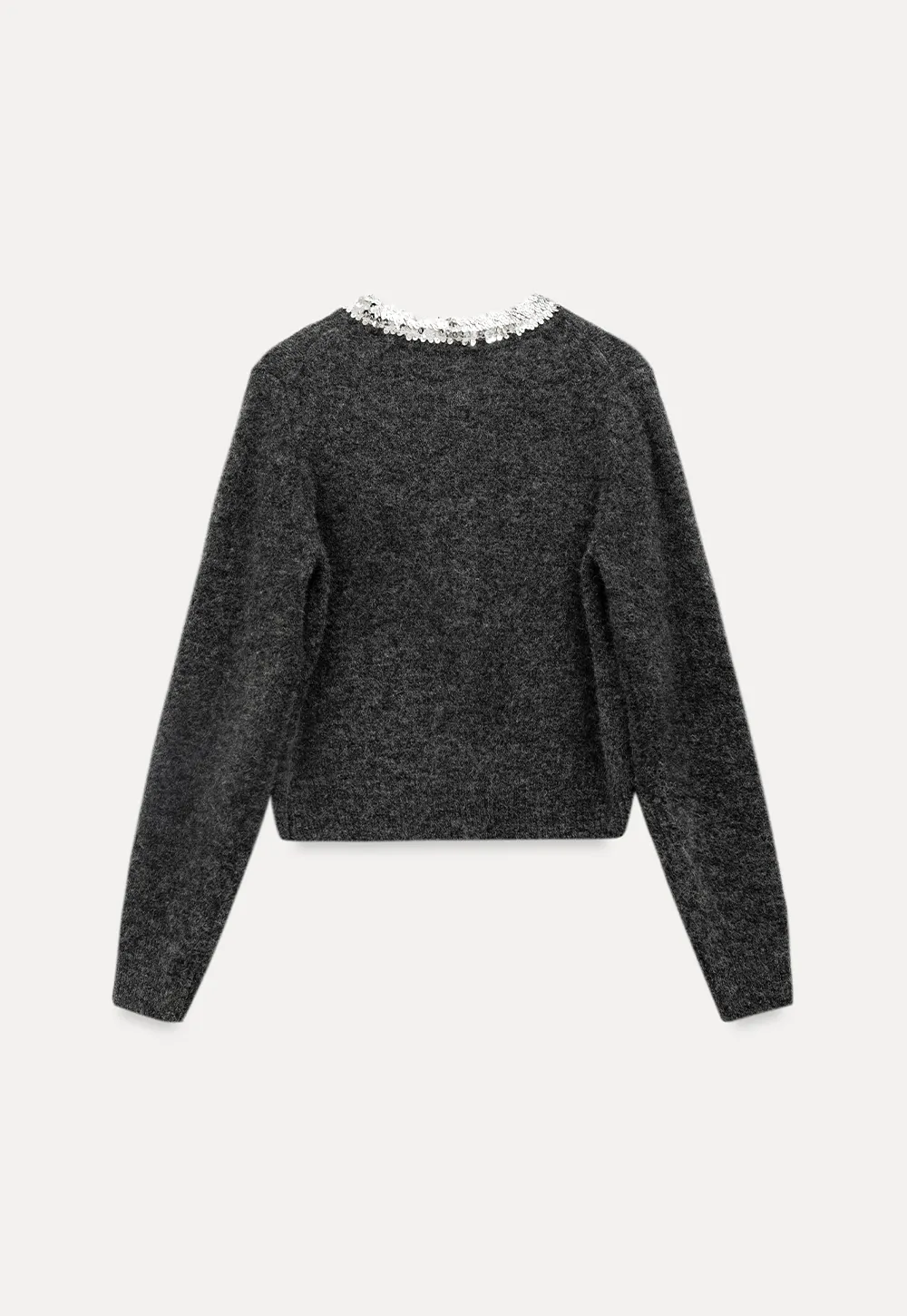 Elegant Woolen Knit Sweater with Embellished Neckline and Long Sleeves