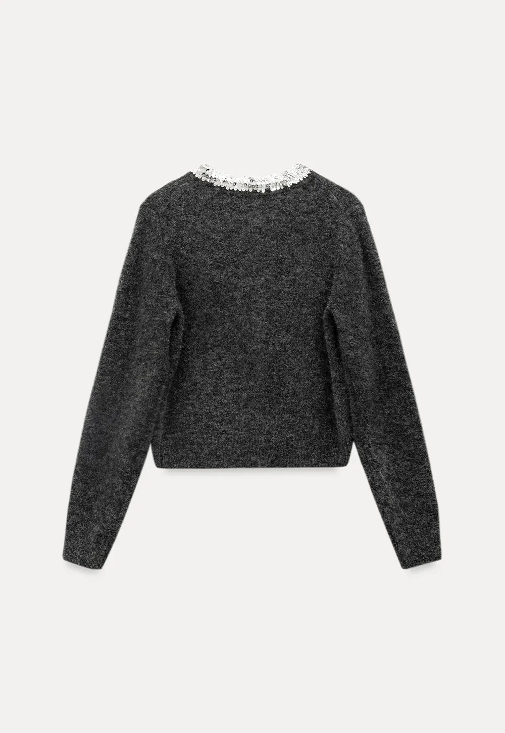 Elegant Woolen Knit Sweater with Embellished Neckline and Long Sleeves