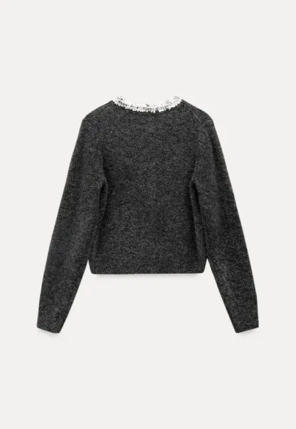 Elegant Woolen Knit Sweater with Embellished Neckline and Long Sleeves