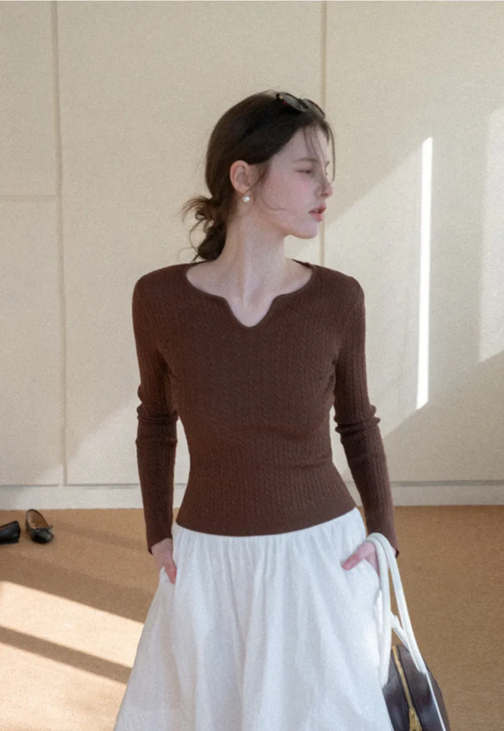 V Neck Cable Knit Sweater Top