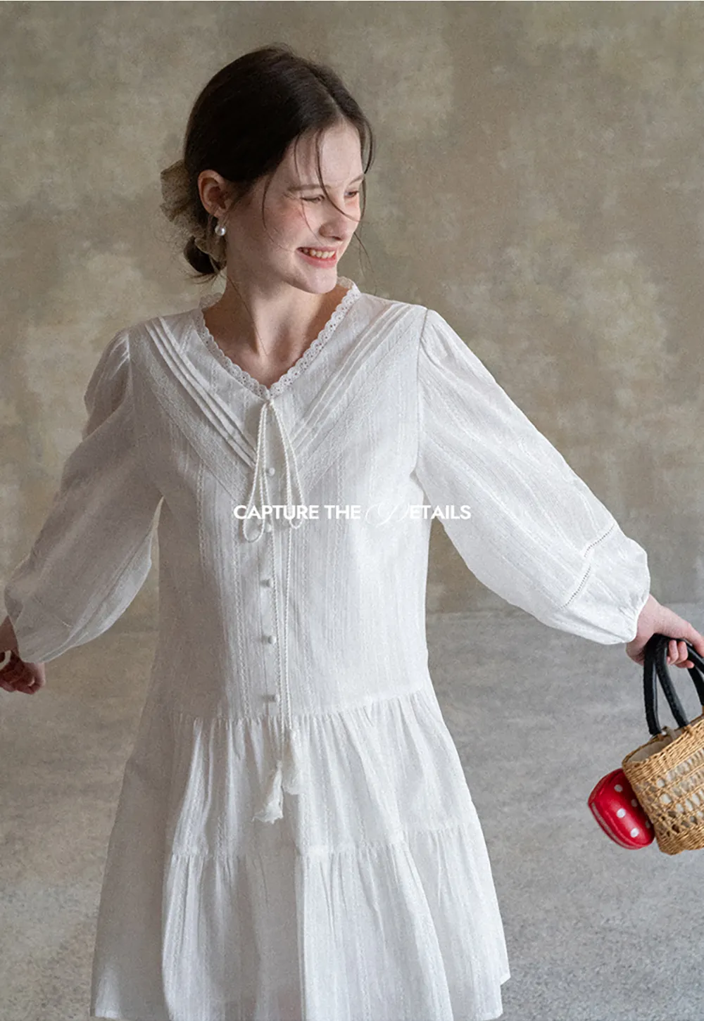 V neck long sleeve tiered dress with lace trim