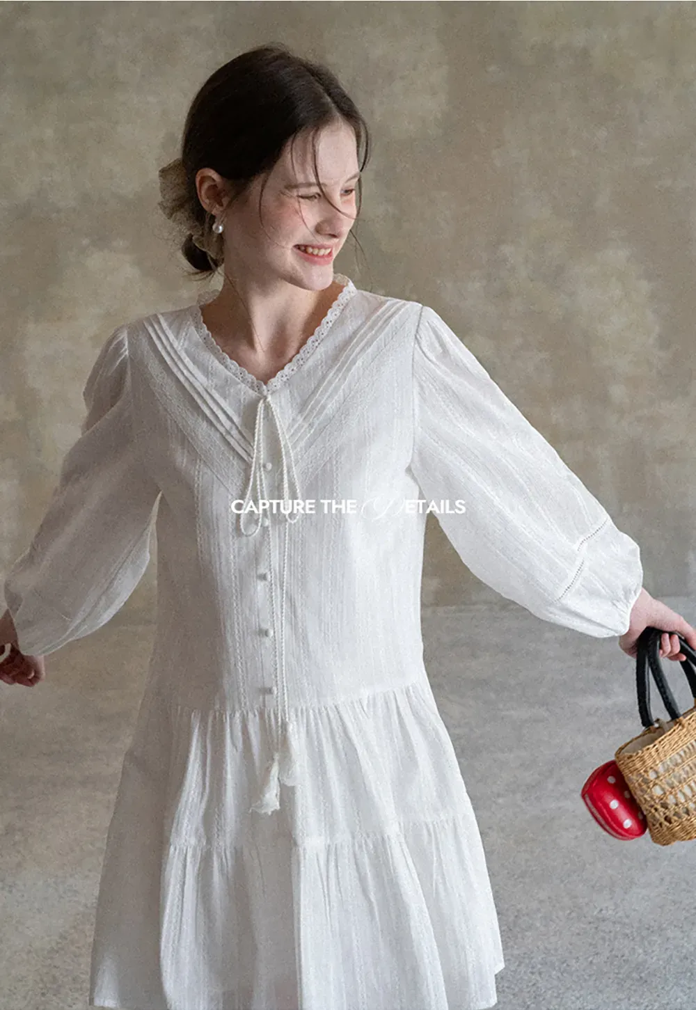 V neck long sleeve tiered dress with lace trim