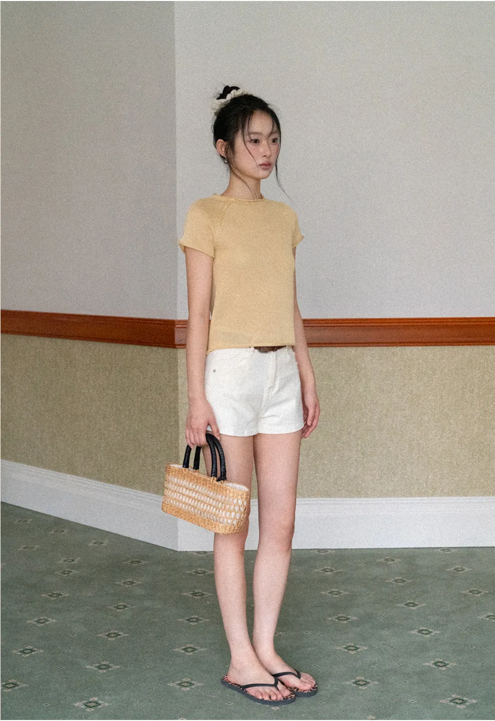 Short Sleeve Ribbed Knit Top with Raglan Sleeves