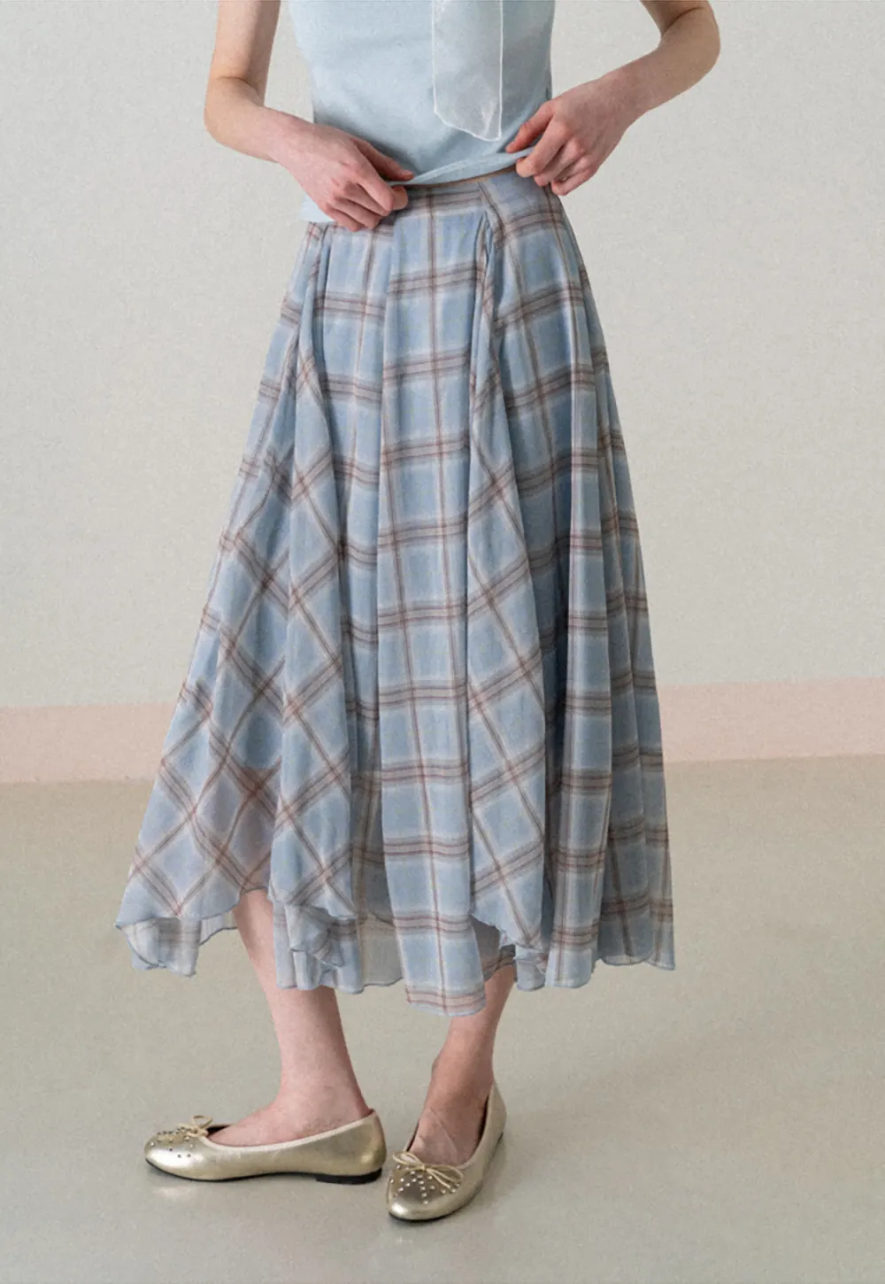 Pleated Plaid Midi Skirt with Asymmetrical Hem