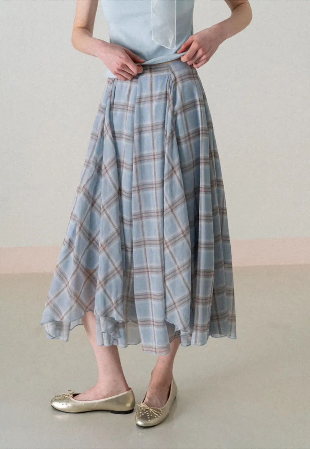 Pleated Plaid Midi Skirt with Asymmetrical Hem