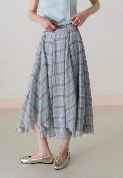 Pleated Plaid Midi Skirt with Asymmetrical Hem