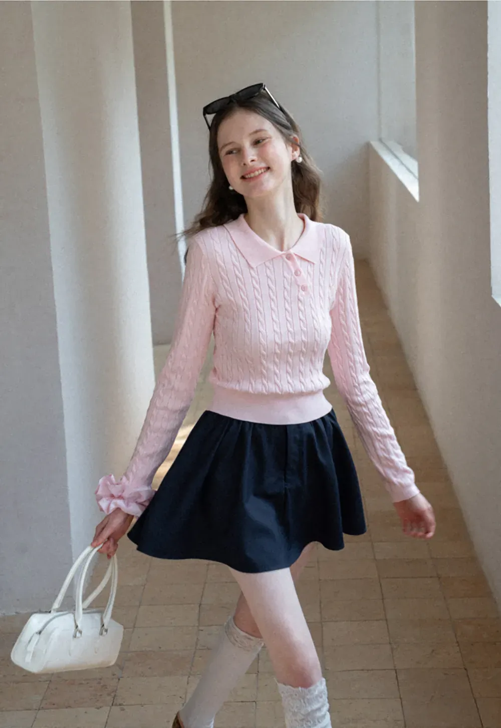 Cable Knit Long Sleeve Polo Neck Cropped Sweater