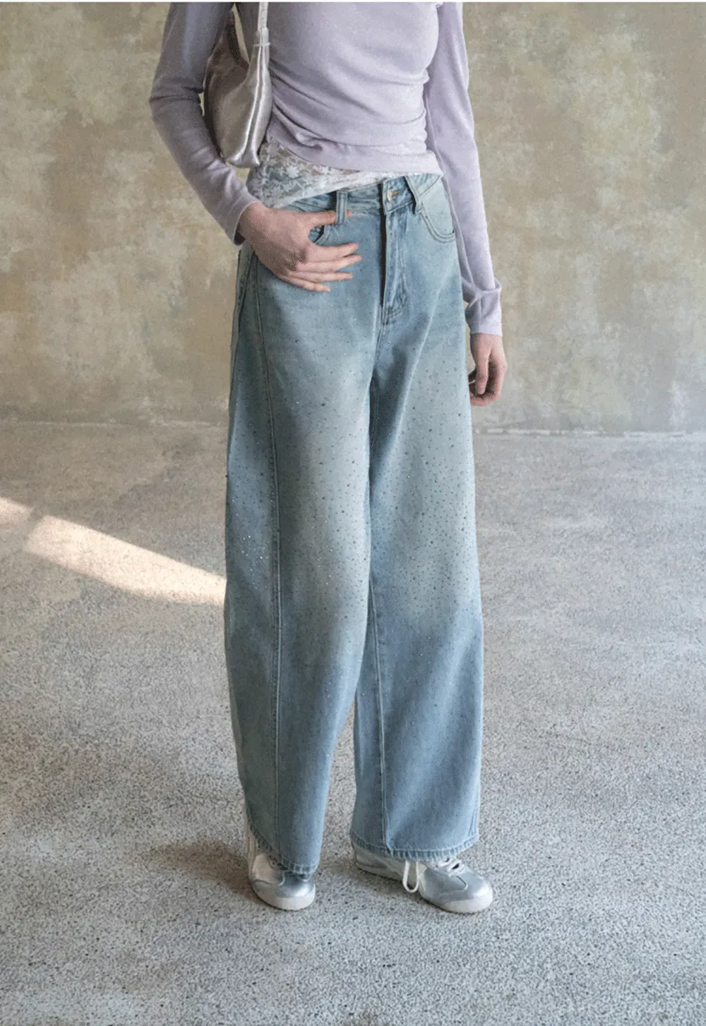 Wide leg jeans with subtle dot embellishments