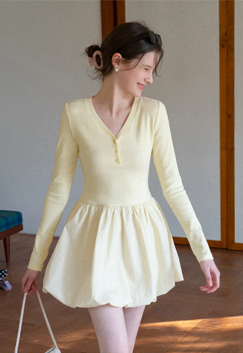 V neck long sleeve dress with flared skirt