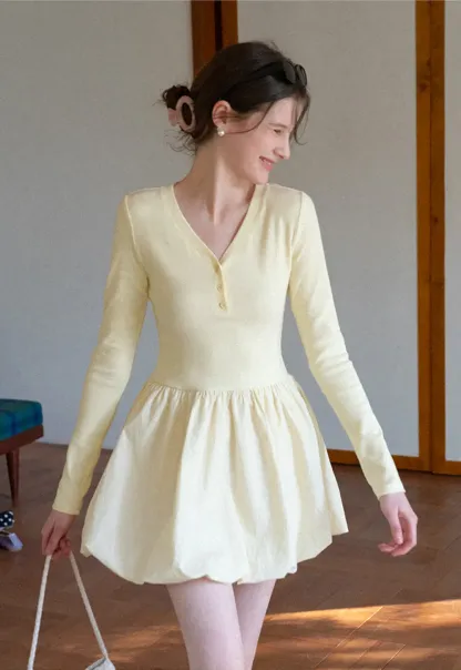 V neck long sleeve dress with flared skirt