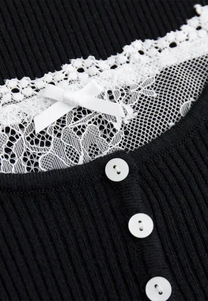 Women Lace Trim Knit Top Long Sleeve Elegant Style