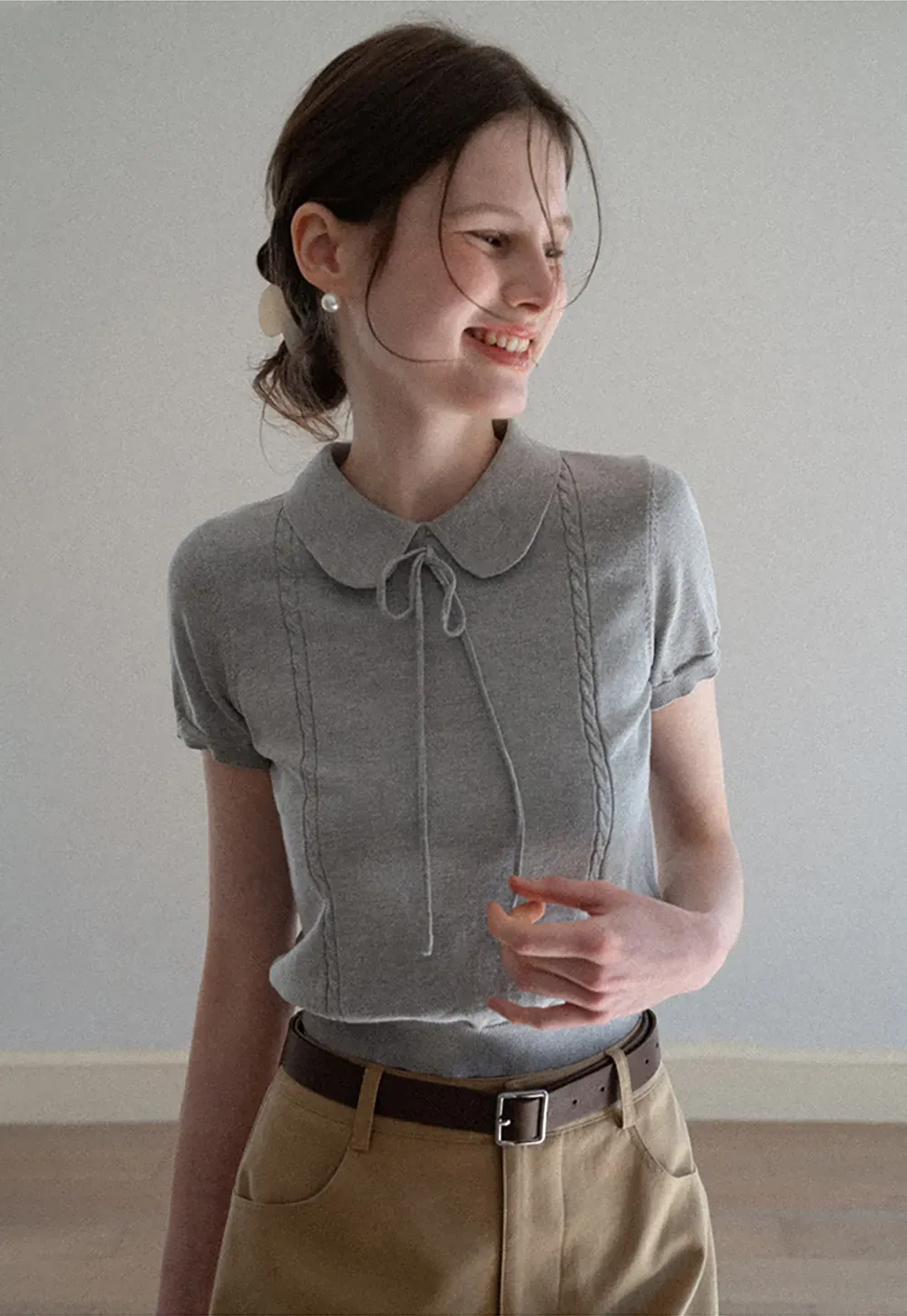 Short Sleeve Knit Top with Collar and Drawstring