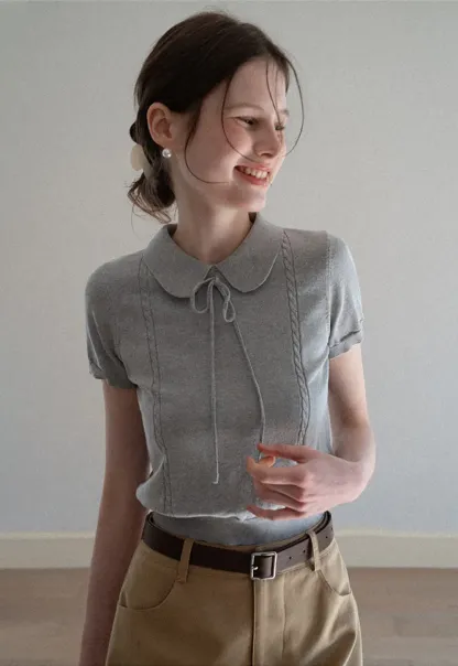 Short Sleeve Knit Top with Collar and Drawstring