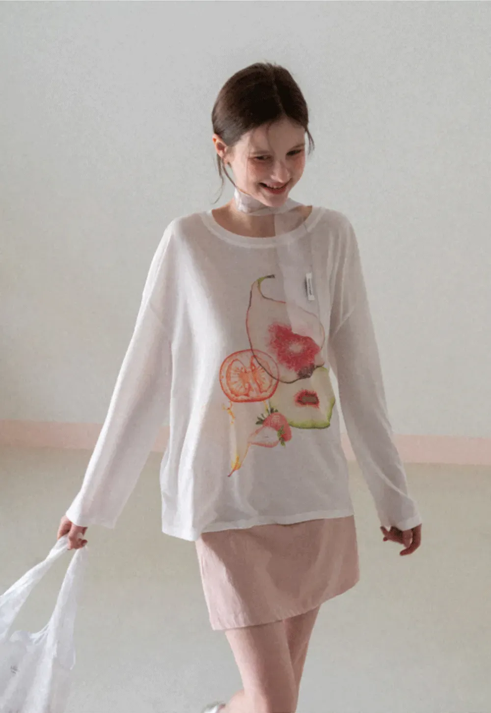 Oversized T shirt with fruit print and sheer neck detail
