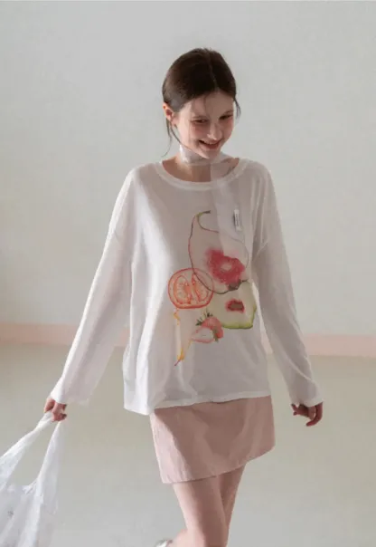 Oversized T shirt with fruit print and sheer neck detail