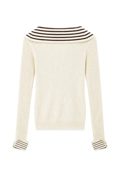 Striped Collar Ribbed Knit Sweater