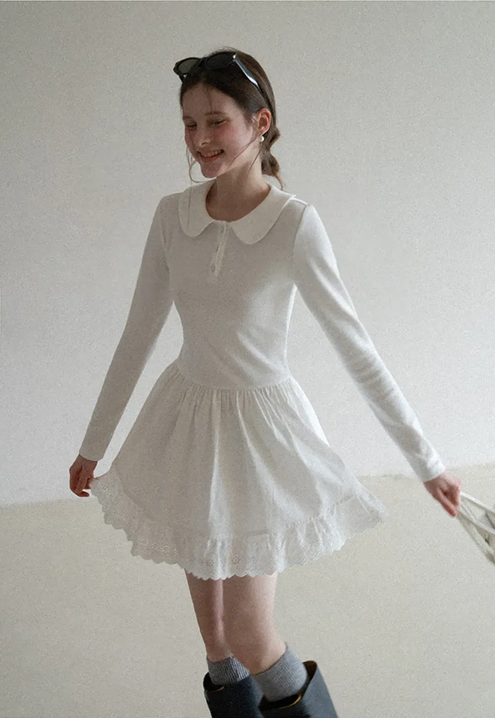 Elegant Long Sleeve Dress with Lace Trim and Flared Skirt