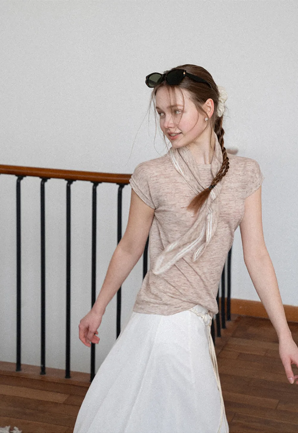 Short Sleeve Knit Sweater with Neck Tie Detail