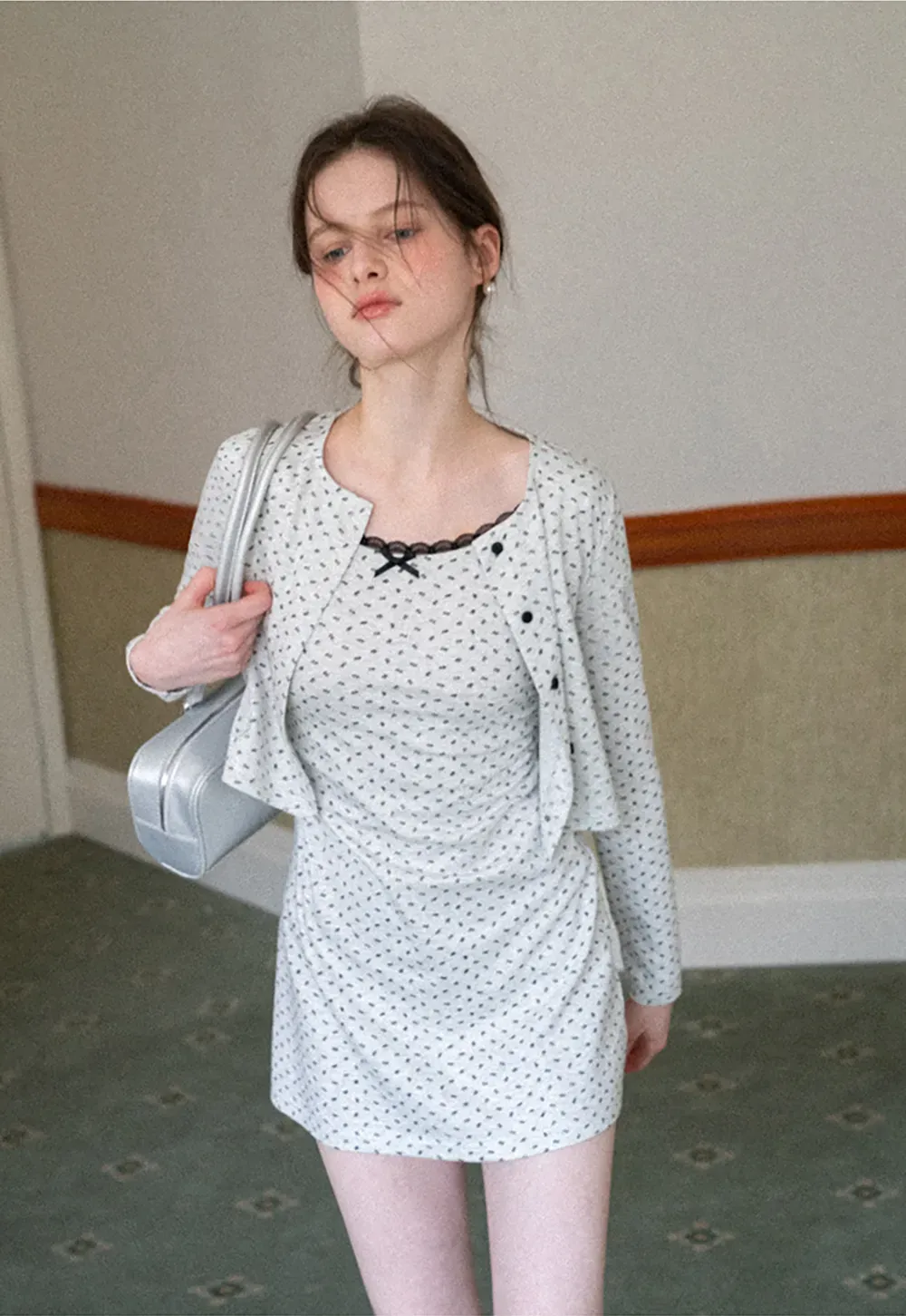 Polka dot dress with lace trim and matching cardigan