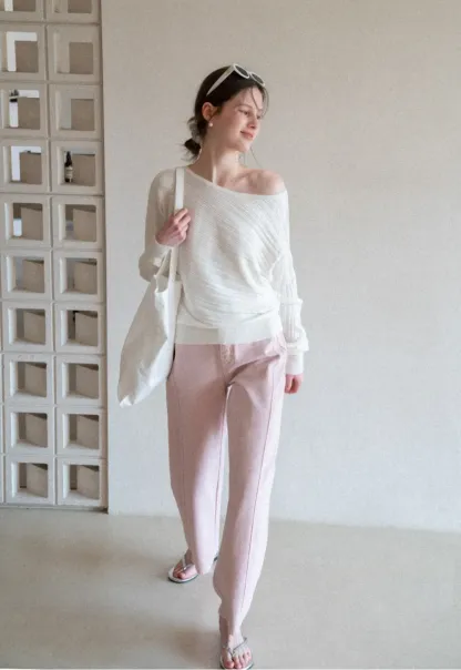 Ribbed knit sweater with wide neckline and long sleeves