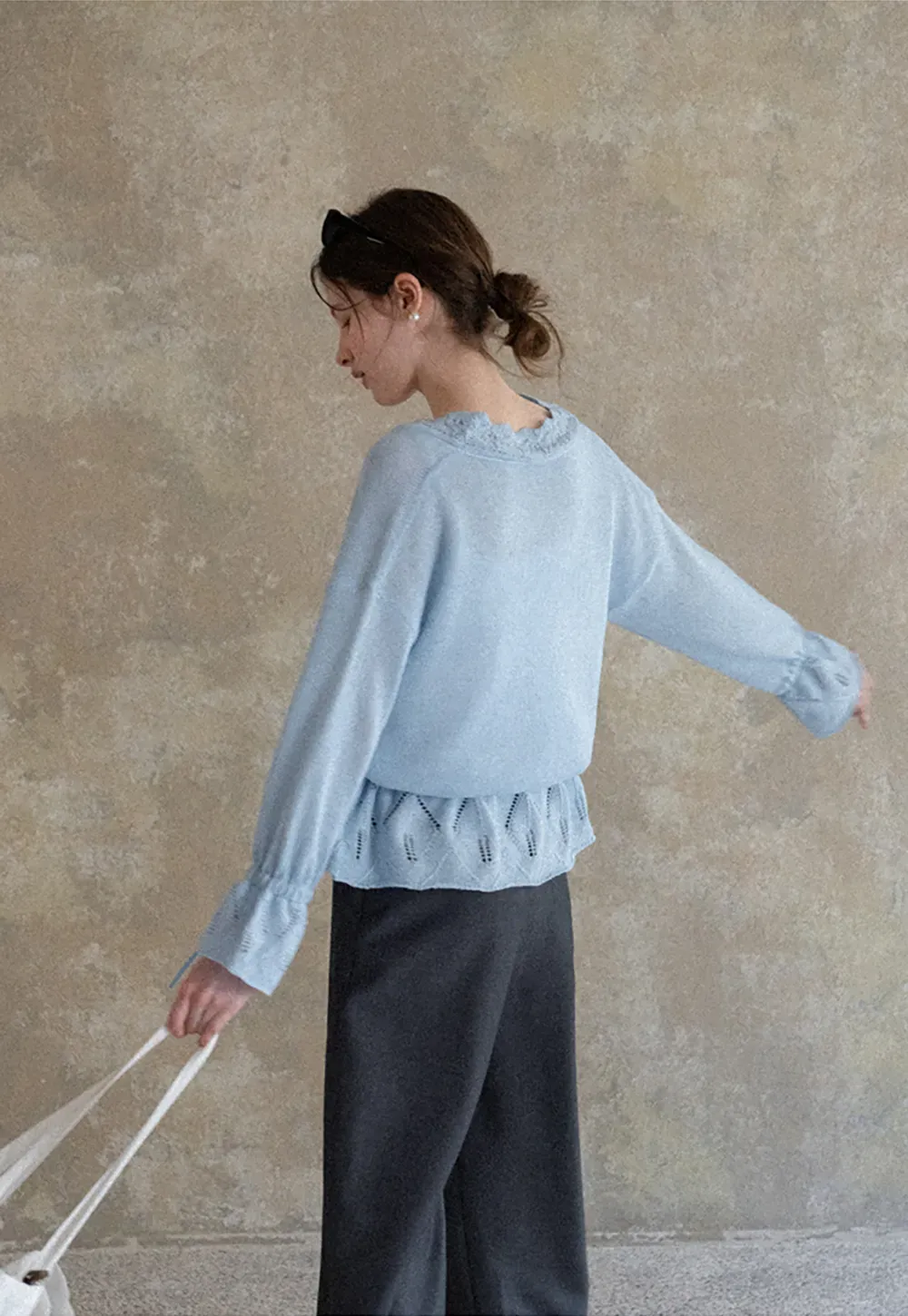 Lace Trimmed V Neck Knit Sweater with Drawstring Hem