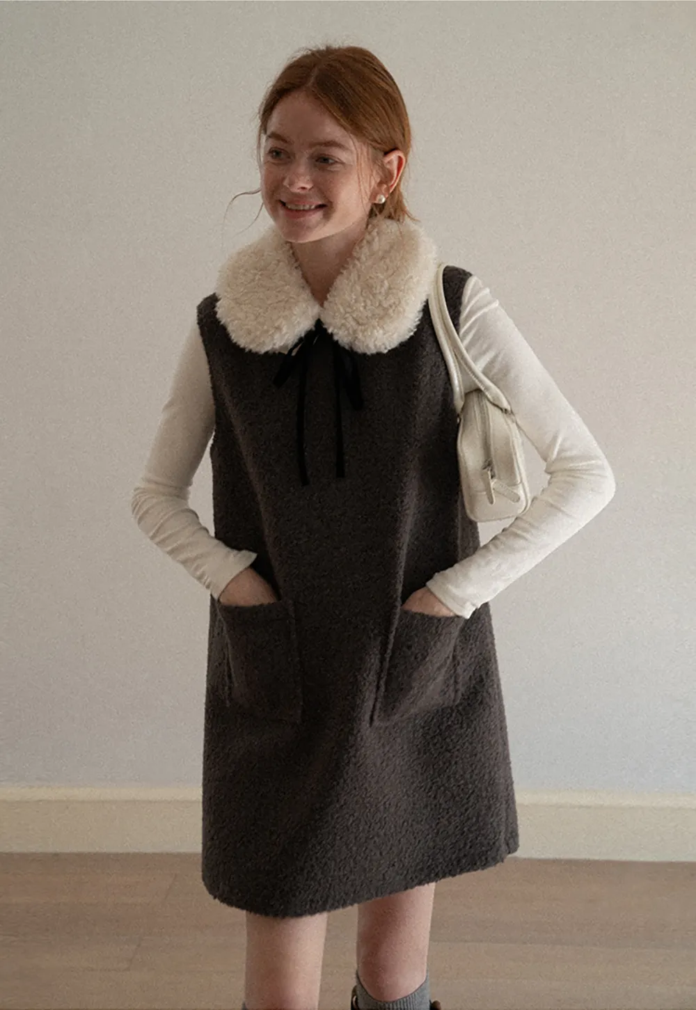 Wool Blend Sleeveless Dress with Faux Fur Collar