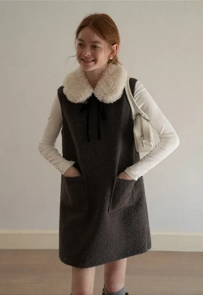 Wool Blend Sleeveless Dress with Faux Fur Collar