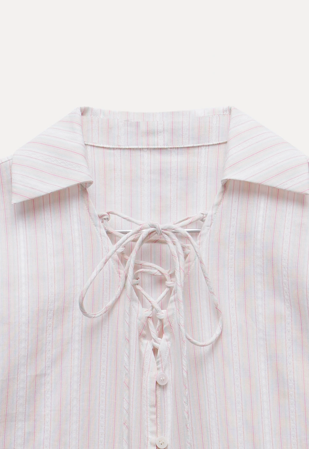 Striped Short Sleeve Blouse with Lace-Up Neck