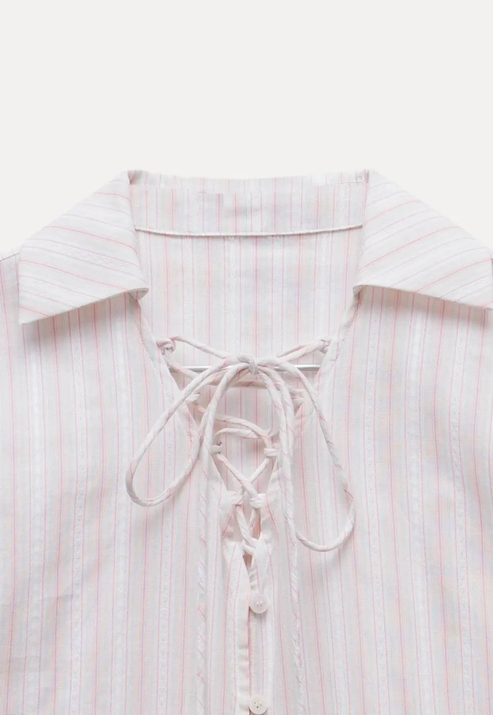 Striped Short Sleeve Blouse with Lace-Up Neck