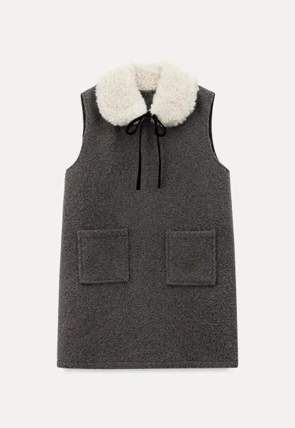 Wool Blend Sleeveless Dress with Faux Fur Collar