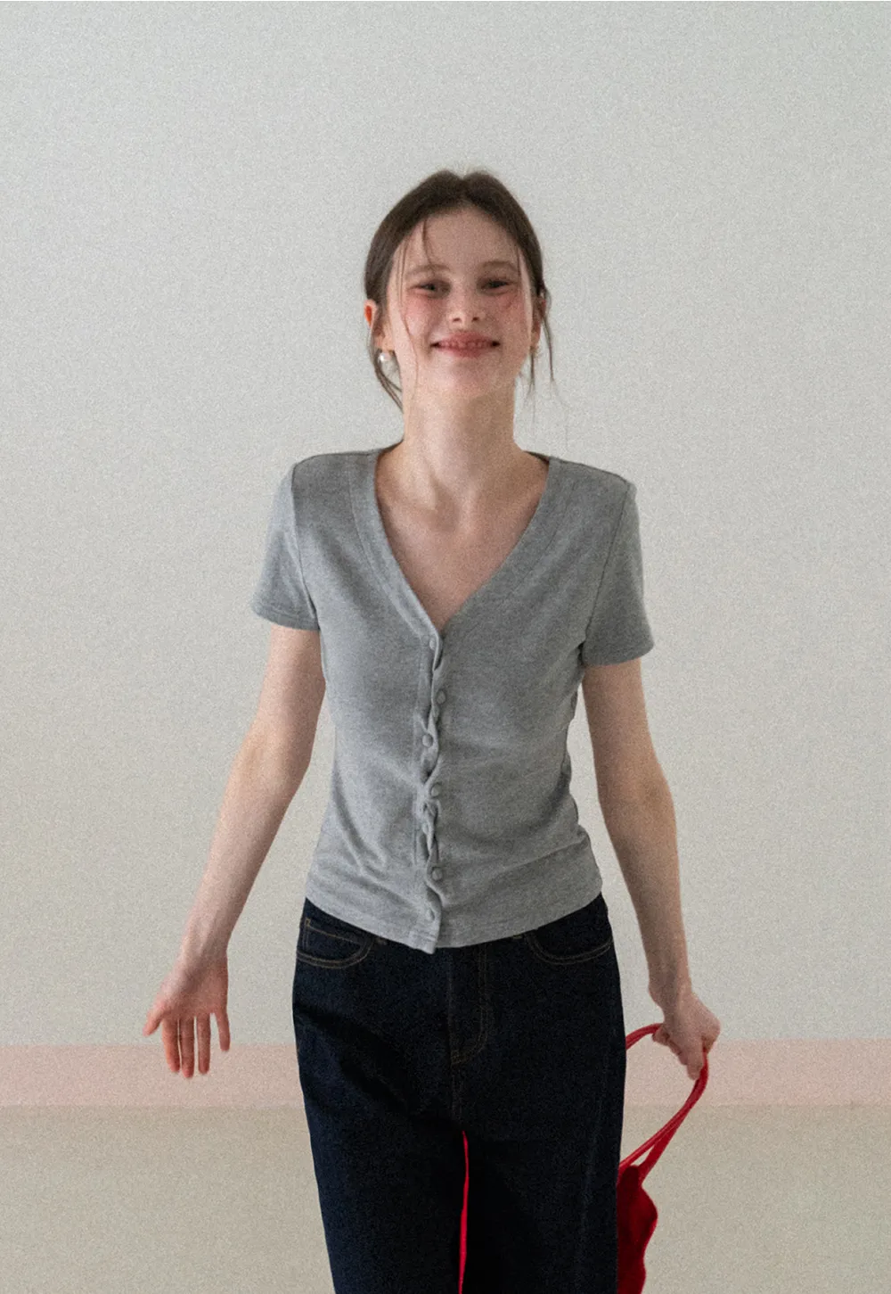 V neck short sleeve button front top