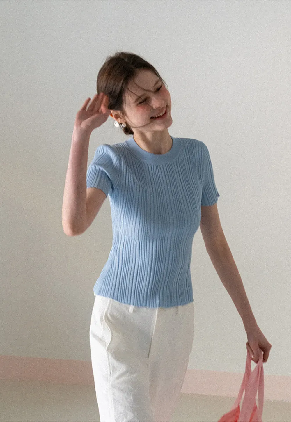 Ribbed Knit Short Sleeve Crew Neck Sweater