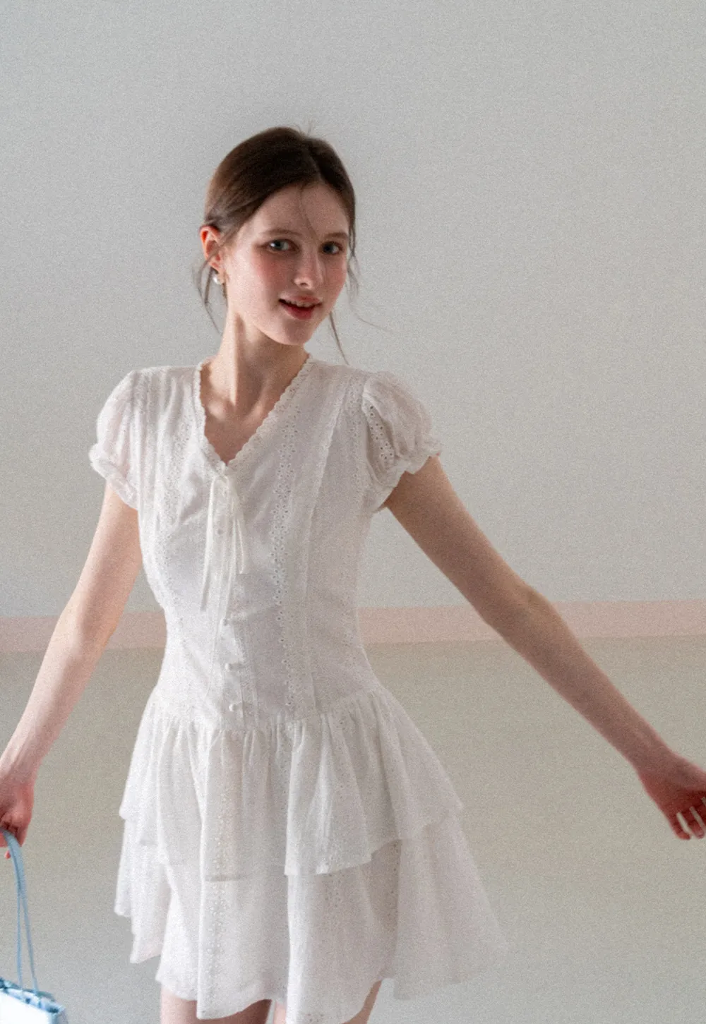 Eyelet Lace Dress with Puffed Sleeves and Tiered Skirt