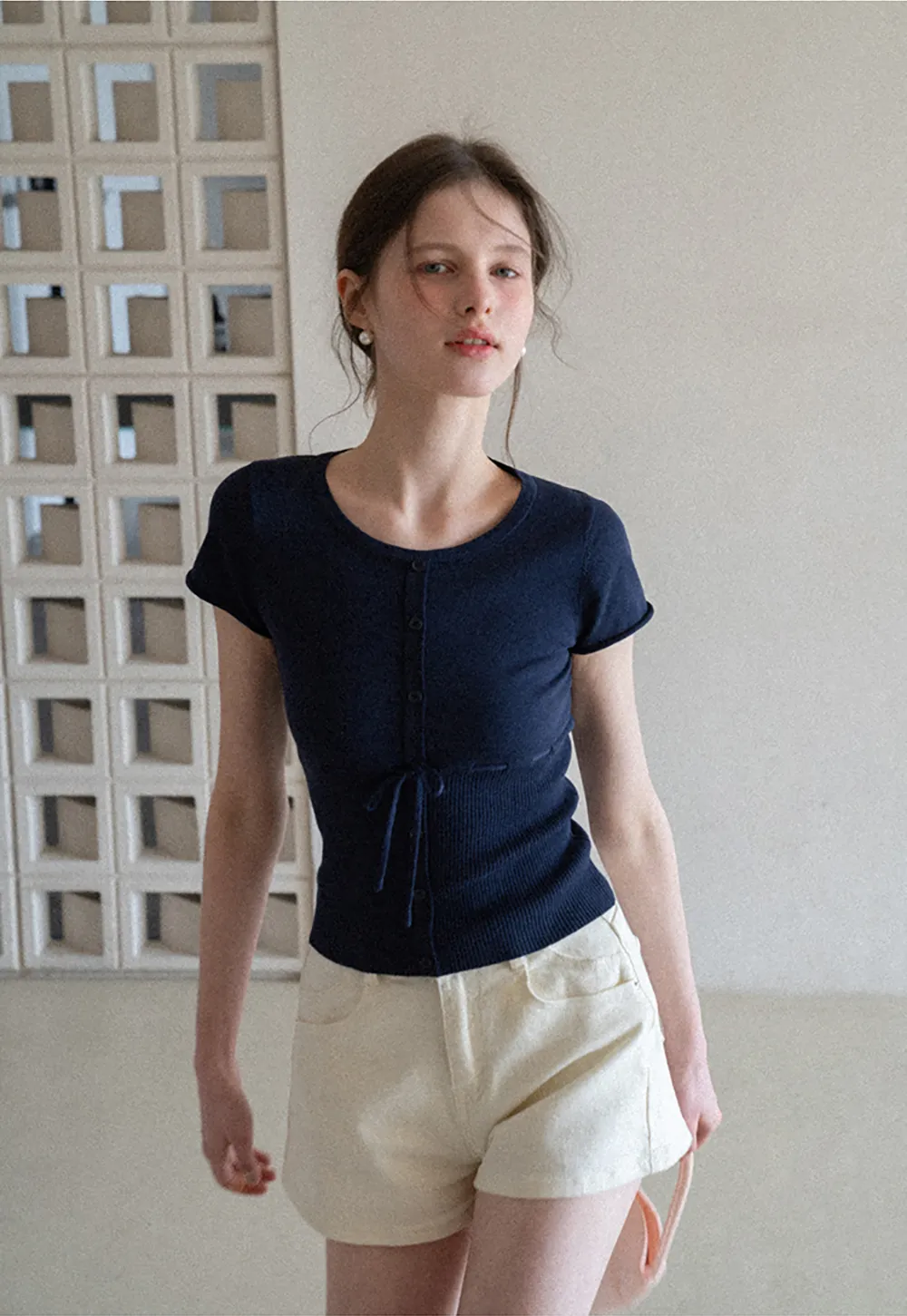 Short Sleeve Knit Cardigan with Front Buttons and Waist Tie