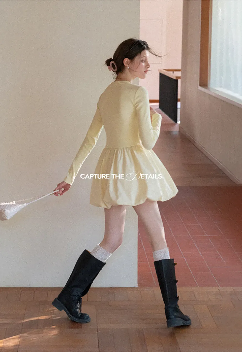 V neck long sleeve dress with flared skirt