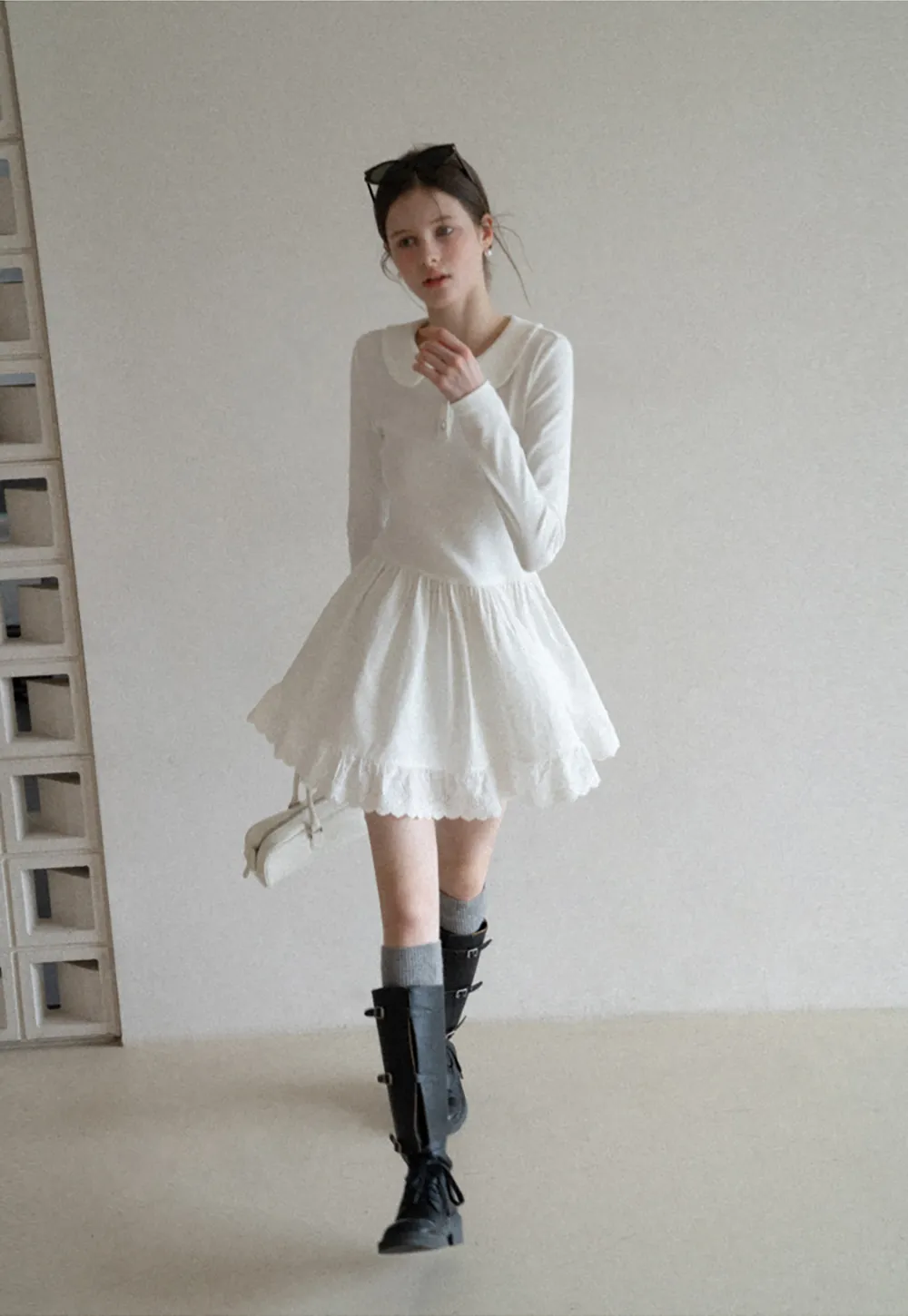 Elegant Long Sleeve Dress with Lace Trim and Flared Skirt