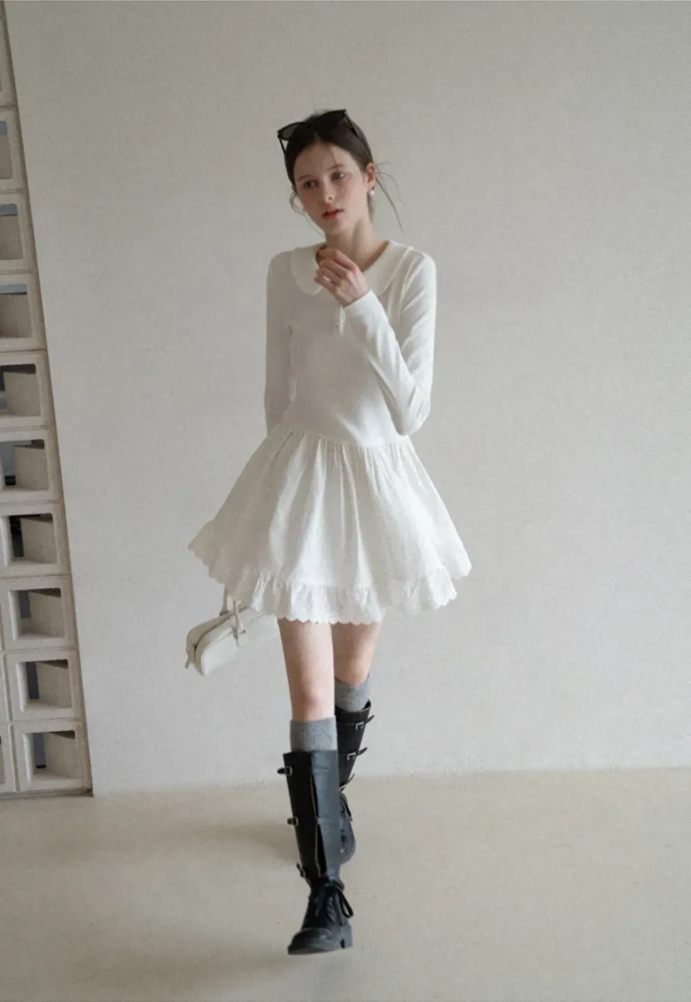 Elegant Long Sleeve Dress with Lace Trim and Flared Skirt